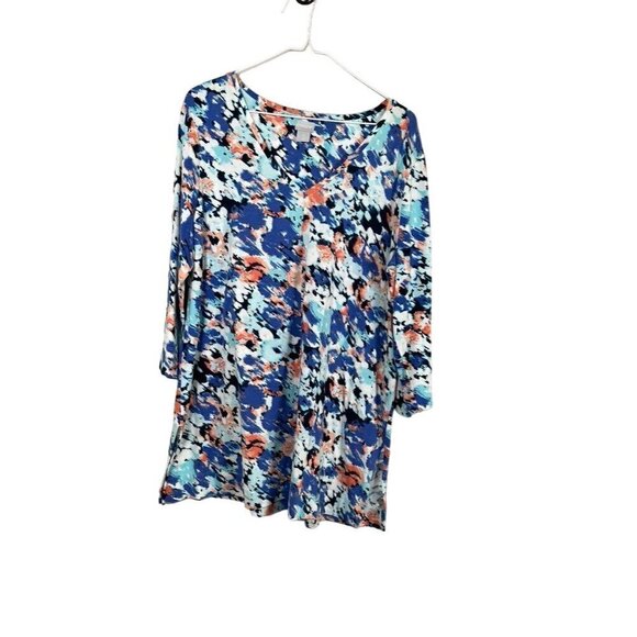 Chicos Top Women L Blue Tunic Floral Boho Western Office Coastal Classic Knit - Picture 2 of 12